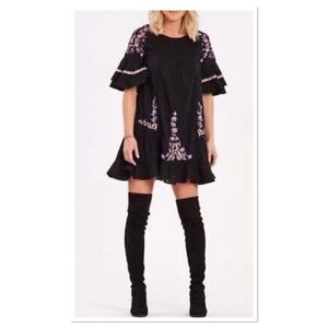 Free People Pavlo Babydoll Black Multi Colored Embroidery Dress 100% Cotton Sz L
